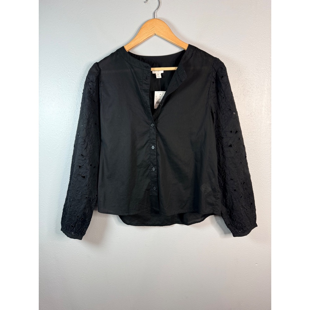 J.Crew Eyelet-sleeve button-front top Black Small‎ NWT